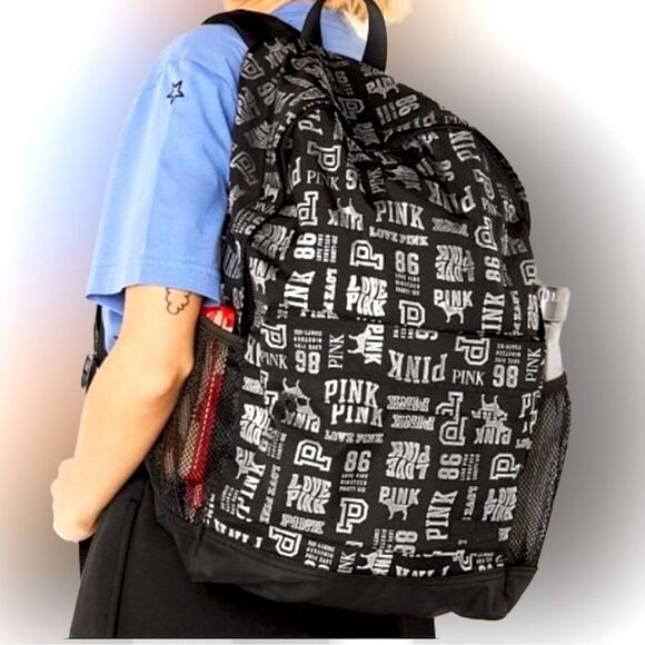 Victorias Secret Pink Backpack Classic Book Bag 2022 Black Silver Mixed …
